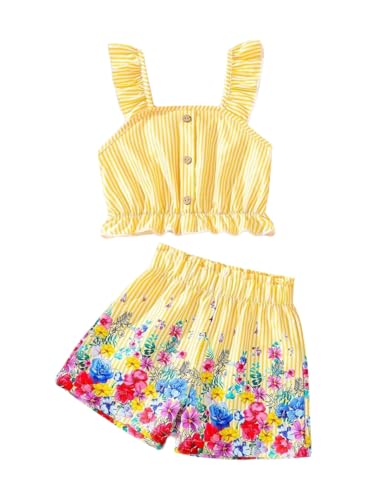 HSOXLQF Kids Toddler Girls Summer Clothes Button Design Striped Tank Top + Floral-Print Elastic Shorts 2 Piece Outfits