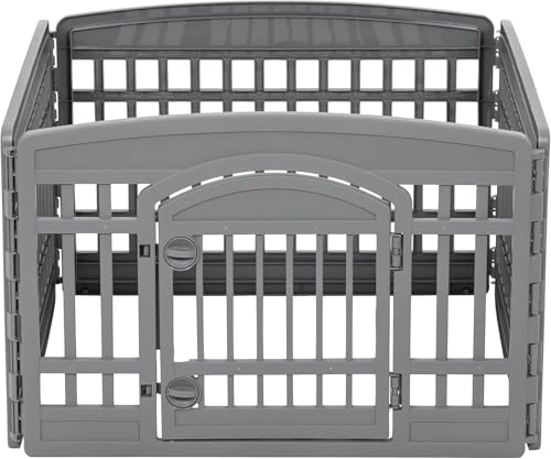 Image of IRIS USA 24 inch Dog Playpen 4-Panel Pet Exercise Pen with Door Gate 35 x 35 x 24 Puppy Play Pen Indoor Outdoor Plastic Foldable Portable Pet Fence for Small Medium Dogs Puppies Multiple Pets Gray