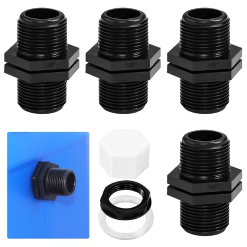 FuxFuis 4 PCS Conector de Barril de 3/4 Pulgadas Macho a Macho Paso para Depósito de Agua para Barril de Lluvia Racor Roscado de Doble Rosca de Plástico Racores Conectores de Tanque de Agua IBC