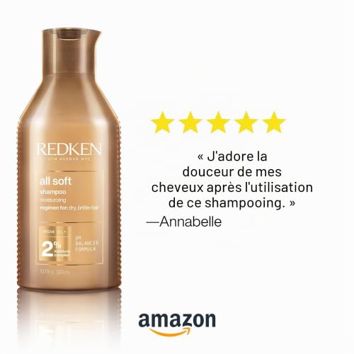 REDKEN - Shampoing Hydratant pour Cheveux Secs et Désydrathés - Apporte Douceur & Souplesse - Protéines & Huile d'Argan - Produit Vegan - All Soft - 300ml (Lot de 2)