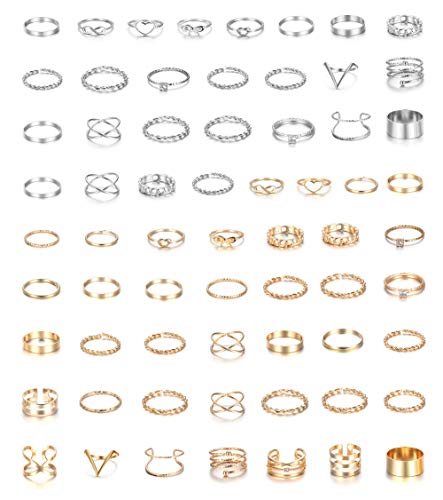 Loyallook 65Pcs Bohemian Knuckle Ring Midi Ring Set Hollow Silver Gold Vintage Stackable Rings Fashion Finger Knuckle Midi Rings For Women #TOP1