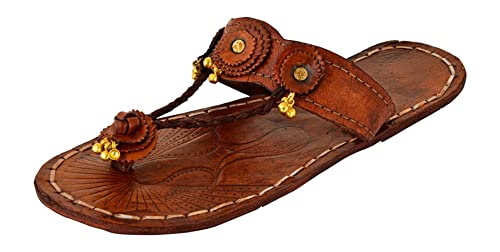 MD MEHRA FASHION Handmade Leather New Kohlapuri Chappal Handmade Indian Kolhapuri Leather Slippers Sandals Shoes Ethnic Mojari Flat Jutti Womens Leather Sleep On. (8) Brown, Medium Narrow