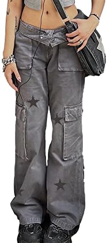 Kisswow Women's Pentagram Print High Waist Straight Leg Jeans Slant Pocket Denim Pants Girls Korean Harajuku Fashion Grey Patch Patchwork Jeans