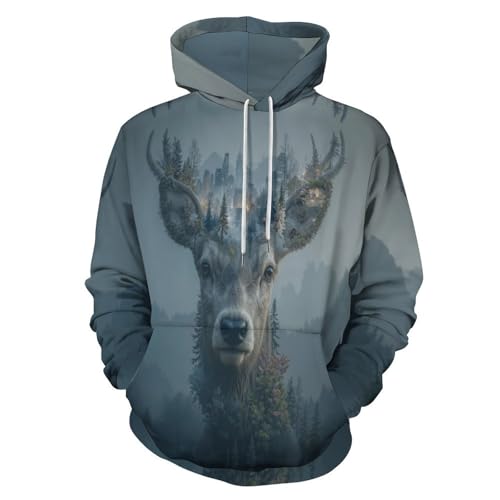 Herren Kapuzenpullover Sweatshirt Weatshirt Mit Kapuze Waldtier Elch...