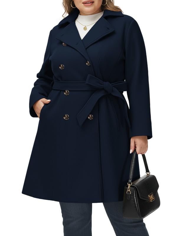 Hanna Nikole Mantel Damen Herbst Elegant Große Größen Zweireihiger Wollmantel mit Taschen Gürtel Navy Blau 54 Langarm Mittellanger Trenchcoat