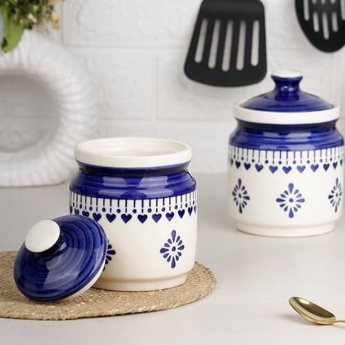 Image of The Earth Store Blue Drape Ceramic Jar with Wooden Tray | 650ml Each | Pickle Jar | Kitchen Storage Container Set for Pickle, Cookies, Sugar, Tea, Coffee - 2 Jars & 1 Tray Combo Set