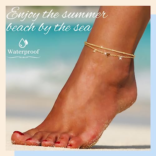 Poxtex 14L Gold Plated Heart Anklet Bracelets for Women Waterproof, Zircon Gemstone Multilayer Cute Gold Layered Ankle Bracelets for Women, Jewelry Gifts for Mom Her - Thumbnail 5