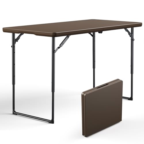 Folding Table 4ft - Heavy Duty Fold-in-Half Plastic Table, Adjustable Height, Brown