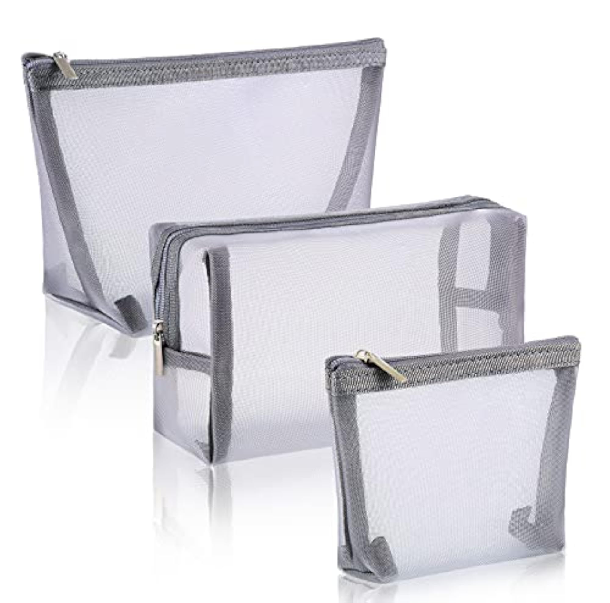 3 Piece Mesh Cosmetic Bag Set, Grey