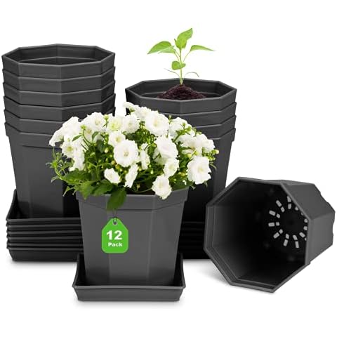 12 Pcs Plant/Flower Pots, 4" (10 cm) Plastic Seedlings Plants Nursery Herb Pots Seed Starting Pots small plant pot for Indoor outdoor with Trays, Black Cover