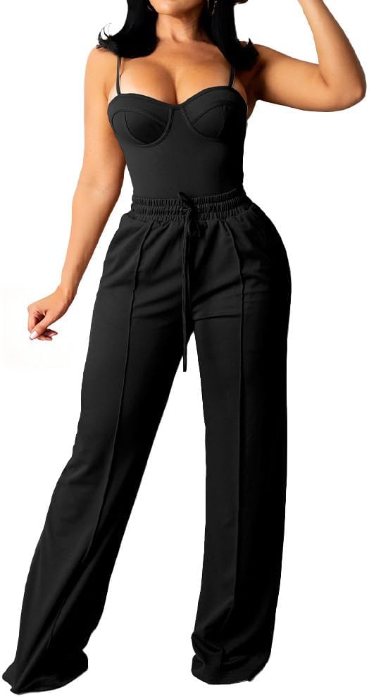PINSV Women's Casual Wide Leg Pants High Waisted Drawstring Baggy Sweatpants Elastic Straight Leg Lounge Pants 721755