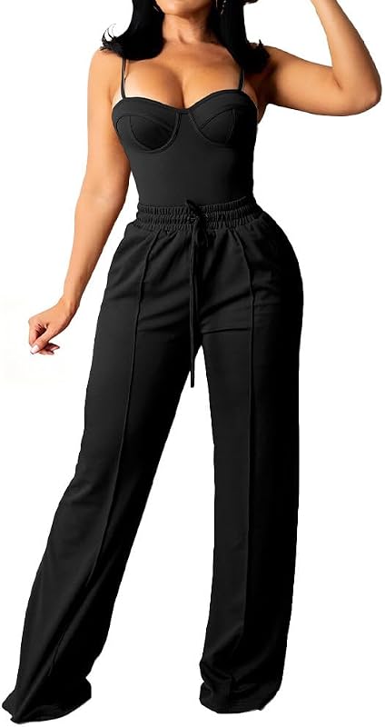 PINSV Women's Casual Wide Leg Pants High Waisted Drawstring Baggy Sweatpants Elastic Straight Leg Lounge Pants 721755