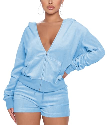 SMSN Women 2 Piece Outfits Sweatsuit Shorts Sets Velvet Tracksuit Long Sleeve Hooded Zipper Jacket Casual Sweat Set Light Blue M