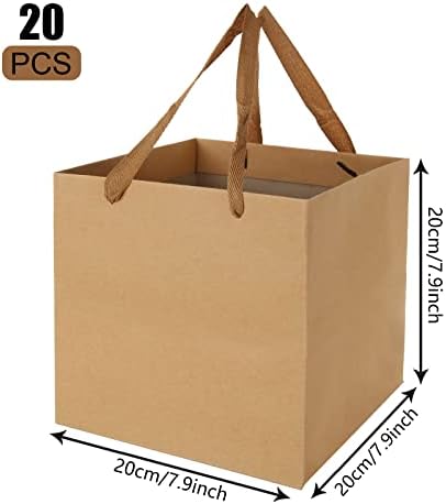 LOLYSIC 20 Pcs Brown Paper Gift Bags with Handles, 20x20x20 CM Brown Paper Bag with Wide Handles, Luxury Present Kraft Paper Bag, Recycled Shopping Paper Carrier Bags for Birthday Christmas Party