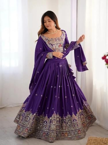 Purple Designer Lehenga Choli with Dupatta, Embroidered Sequence Work Malai Satin Wedding Lehenga for Women, F