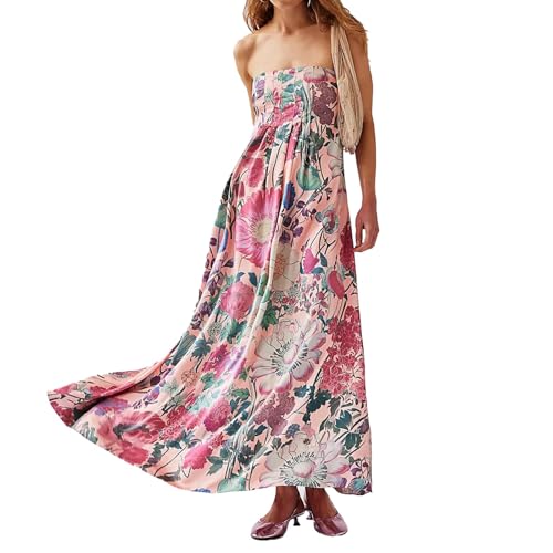 Women Boho Floral Maxi Dress Backless Spaghetti Strap A-Line Flowy Summer Vacation Long Dress