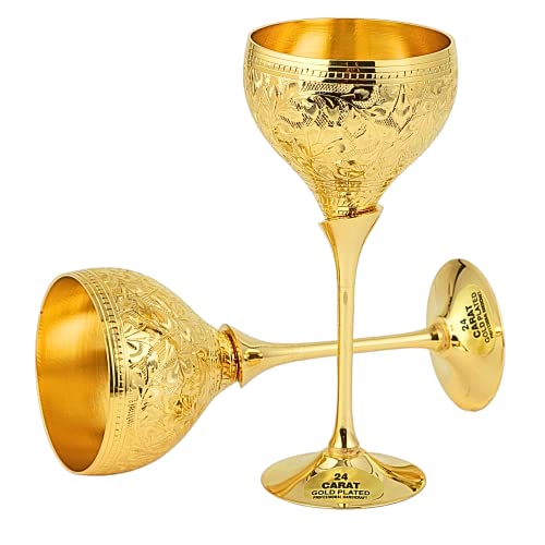 24K Gold Plated Brass Chalice Cup Metal Communion Wine Goblet, Wedding Champagne Glass for Bride & Groom Toasting Flutes Engraved Gift Engagement Couple Marriage Anniversary, Valentine-Set of 2 Saucer
