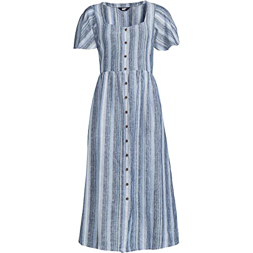 Lands' End Womens Linen Sweetheart Btn Front Midi Dress Pale Slate Blue Multi Stripe Petite Small #TOP12