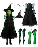 Behufun Witch Costume for Girls - Halloween Costume for Kids, Black Ruffled Witch Dress with Hat, Gloves Cosplay Outfits