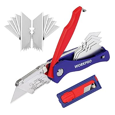 WORKPRO Cúter Plegable de Cambio Rápido, Cuchillo Plegable, Cutter de Bolsillo con 15pcs Cuchillas de Recambio, con Almacenamiento de Hoja y Clip para Cinturón