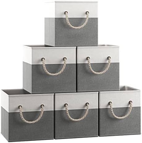 Locipe Collapsible Fabric Storage Baskets – 6 Pack White Gray With Rope Handles 11.8x7.9x5.2”