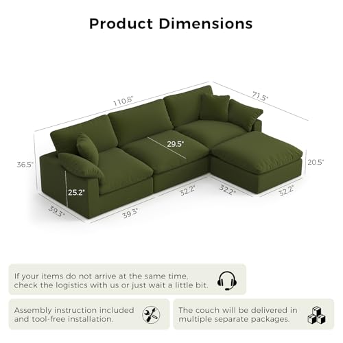 Image of Modular Sectional Sofa Cloud Couch,Down Filled Comfy Cloud Modern Sofa,Green Linen L Shape Oversized Couch Cushion Covers Removable Furniture for Living Room
