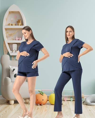 Rnxrbb 3 Piece Postpartum Nursing Pajamas Set Casual Soft Maternity Breastfeeding Pjs Sleepwear Loungewear Clothes Layer4