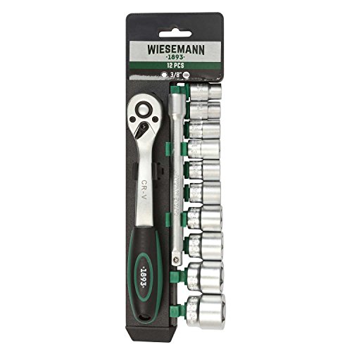 Steckschlüssel Set 12tlg mit 3/8" Knarre, 10mm - 24mm Sechskant Bit Einsätze und Verlängerung 150mm aus Chrom-Vanadium Stahl mit Halter von WIESEMANN 1893 I 80133