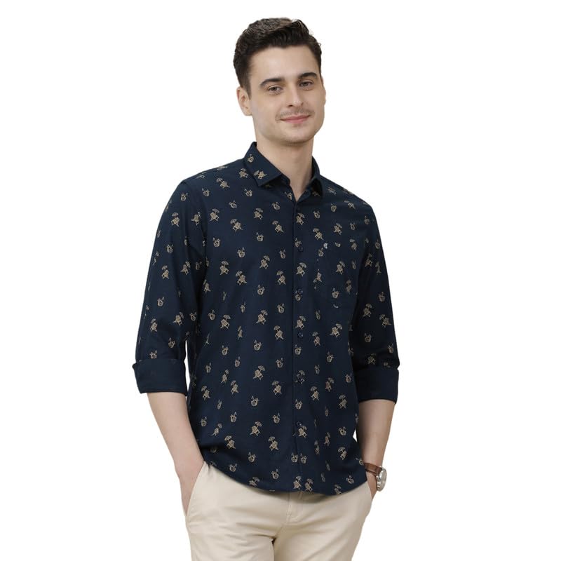 Men's Blended Linen Navy Blue Printed Contemporary Fit Full Sleeve Casual Shirt-image-21