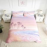 Homewish Pink Beach Duvet Cover Set Twin Size,Kids Girls Romantic Hawaii Ocean Style Bedding Set Teens Lover Room Decor,Palm Tree Comforter Cover Girly Summer Quilt Cover,1 Pillowcase,(No Comforter)