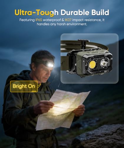 HOTLIGH Voice-Controlled LED Headlamp Rechargeable - 1000LM Headlight with IP65 Waterproof & Magnetic Back, 3 Modes Head Flashlight Rechargeable for Camping Running Hiking Fishing Emergency, Green — view 6