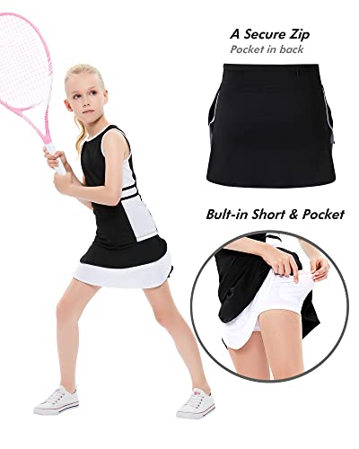 Lionjie Girls Sleeveless Outfit Sports Dress Tennis Golf Skirts With Shorts Pockets School Athletic Sets Black #TOP1
