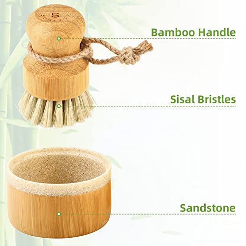 SUBEKYU Bubble Up Bamboo Dish Brush Set with Soap Holder, Wooden Dish Scrubber with Soap Dispenser, Natural Kitchen Scrub Brush, Washing Pot/Pans/Cast Iron, 2 Pack, Sisal Bristles