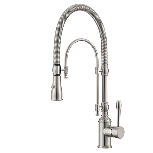 Image of Classical Commercial Copper Kitchen Faucet, Single Handle Spring High Arc with 360 Swivel Pull Down Spray, Brushed Nickel Finish & Deck Plate for Farmhouse Sink