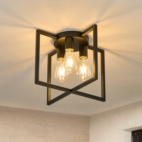 WOKNOS 3-Light Industrial Ceiling Light, Black Ceiling Light Fixture, E26