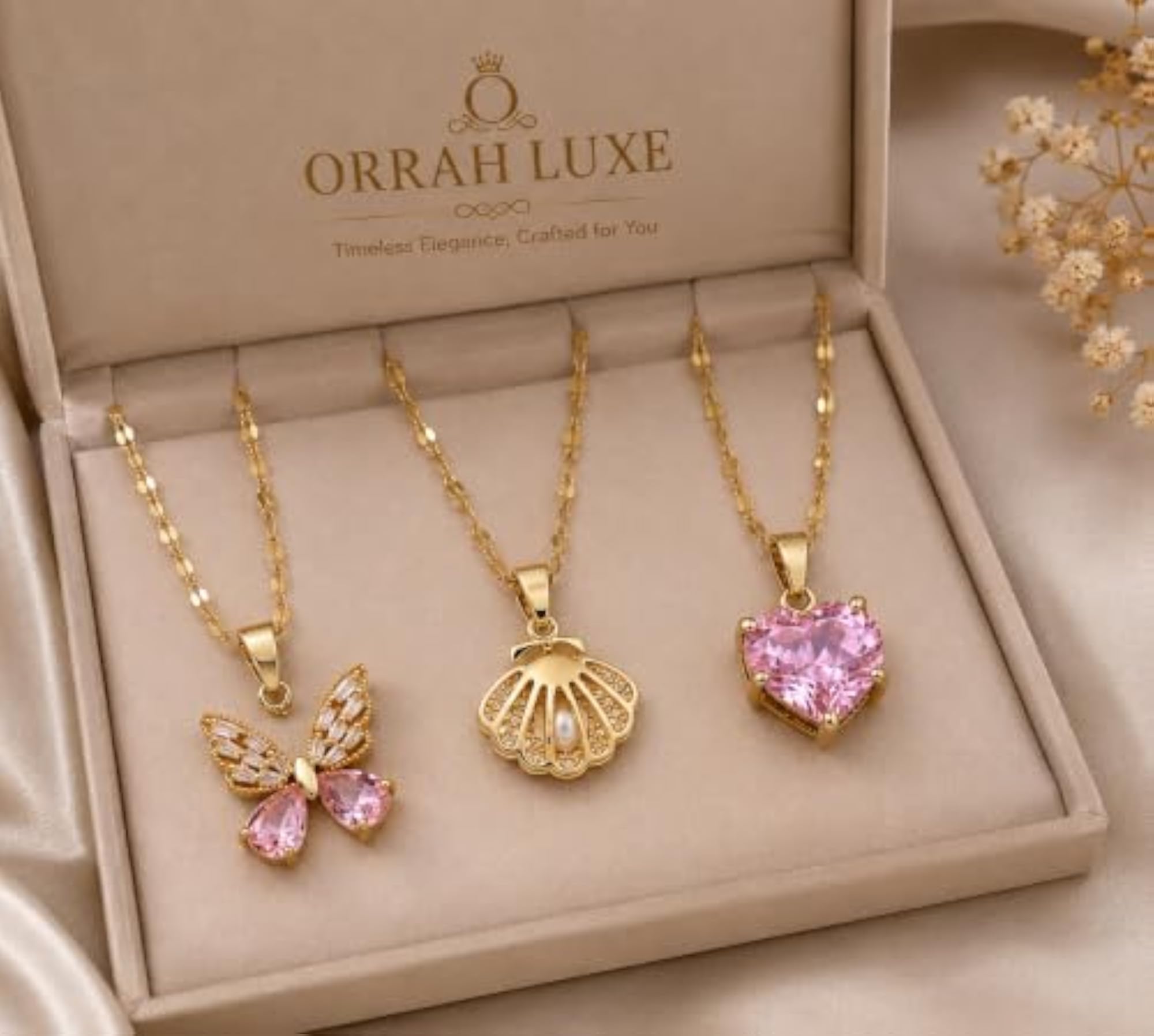 Gold-Plated Pink Crystal Butterfly Pendant Necklace Combo