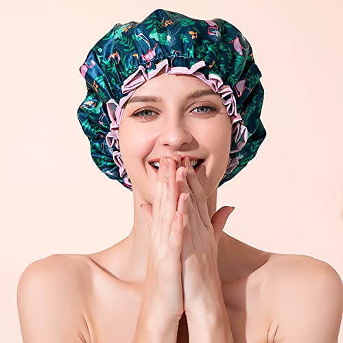 Shower Cap, BEAUTAIL Reusable Bath Shower Caps for Women Long Hair, Double Layer Waterproof Bathing Shower Hat Hair Protector for Kids Girls Men, Flamingo, 1 Pack