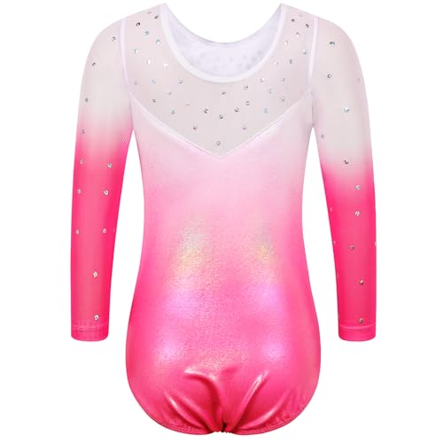 TFJH E Gymnastics Leotards for Girls Practice Outfits 3/4 Sleeve Ballet Dancewear Gradient 398 White Pink 10A