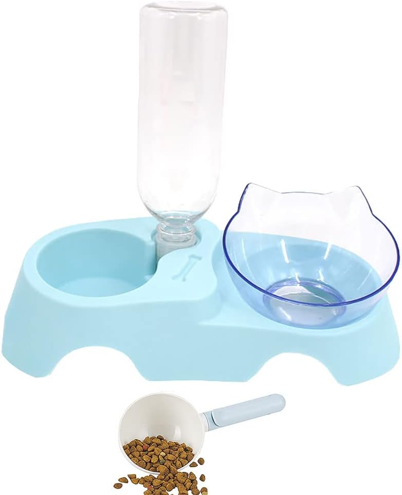 Double Dog Cat Bowls Anti Vomiting, Elevated Cat Food Water Bowls with 15° Tilted Raised Stand and Automatic Water Dispenser Bottle Pet Feeder Bowl for Cats and Small Dogs