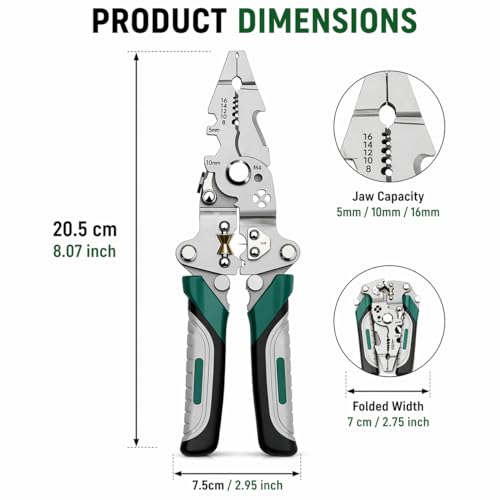 Image of 18-in-1 Wire Stripper Tool for Electricians | Heavy Duty Stainless Steel Wire Cutter, Crimping & Multi Function Pliers with Rubber Grip | Foldable Electrical Hand Tool