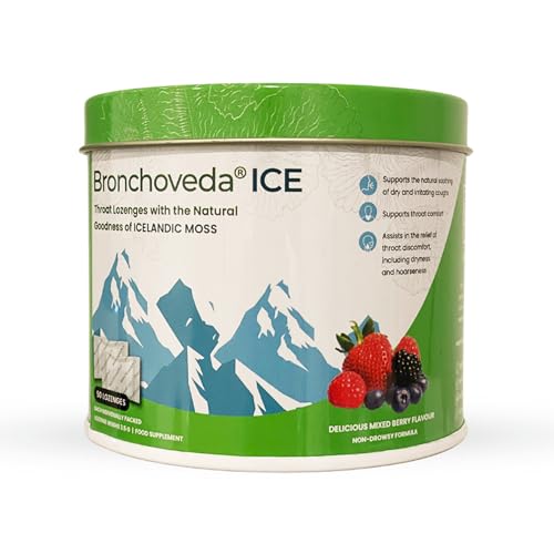 Bronchoveda ICE Throat Lozenges 50 Pack – Arctic Alpine Herb Icelandic Moss,Vitamin C,Ginger,Liquorice, Holy Basil & Menthol for Dry Cough Relief and Throat Discomfort – Non-Drowsy Mixed Berry Flavor
