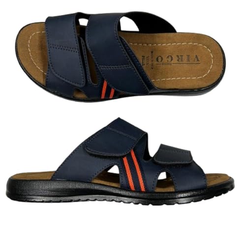 VIRGO FIRENZE Ciabatte Uomo in Pelle con 2 Fasce Regolabili a Strappo e Plantare in Vera Pelle - Leggere, Flessibili e Made in Italy, blu, 43