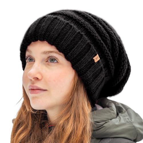 TOP-EX M/L/XL 100% Wolle Slouch Beanie Damen Warm Wintermütze Strickmuetze mit Fleecefutter Schwarz