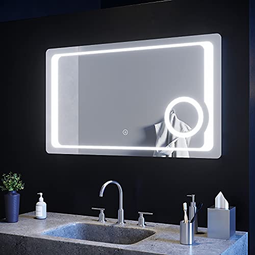 ELEGANT Backlit Illuminated 3X Magnifier Bathroom Mirror with Shaver Socket 1000 x 600mm, Wall Mounted Multifunction Smart LED Bathroom Vanity Mirror with Lights and Demister Pad