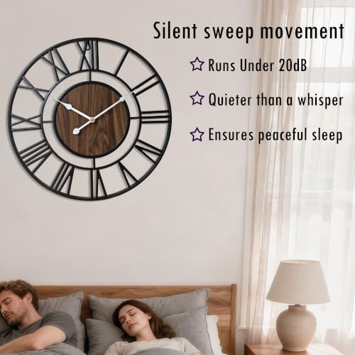 Tixmtry Large Metal Wall Clock, 30 Inch Retro Decorative Silent, Non Ticking, Battery Operated Modern Big Wood Wall Clock for Living Room, Farmhouse, Bedroom, Fireplace, Kitchen, Office, Home Decor - Image 3