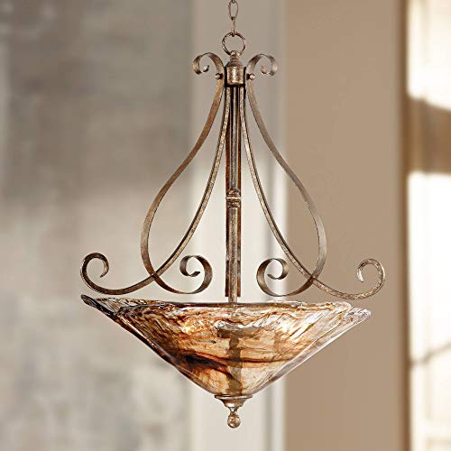Amber Scroll Golden Bronze Silver Pendant Chandelier 24 3 4  Wide Rustic Art Glass Bowl Fixture for Dining Room House Foyer Kitchen Island Entryway Bedroom Living Room - Franklin Iron Works