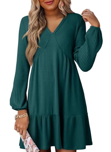 Dokotoo Fall Dresses for Women 2026 V Neck Ribbed Knit Texture Empire Waist Long Sleeve Dress Swing Flared Ruffle A Line Cute Casual Loose Flowy Wedding Guest Party Short Mini Dress Green Medium