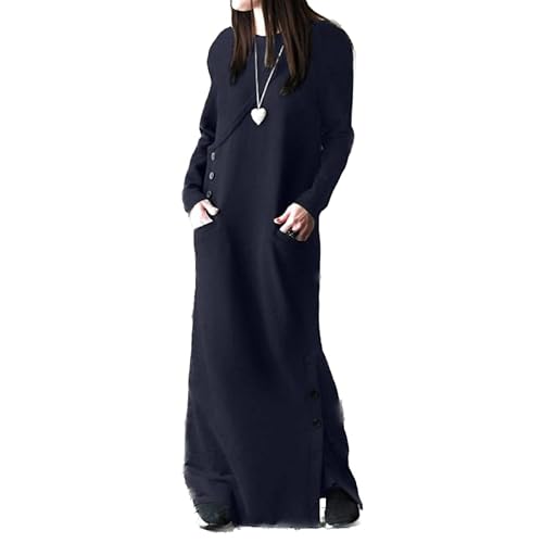 Women Navy Blue Maxi Pullover Hoodie Dress Long Sleeve Fall
