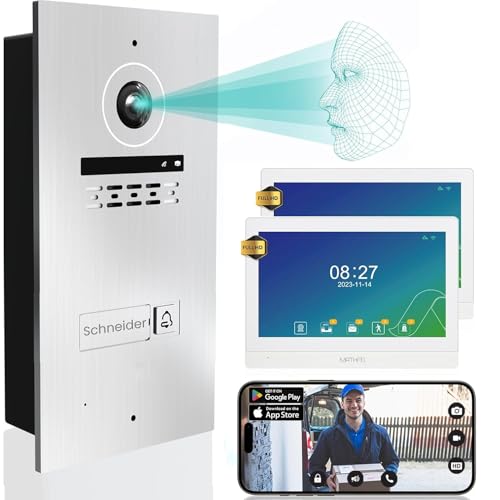 Mathfel 2-Draht Video Türsprechanlage mit Gesichtserkennung – WLAN Monitor, 2MP HD Kamera, 170° Weitwinkel, Türklingel mit Kamera & Türöffner für 1-Familienhaus (Silber, 2 x 10 Zoll)
