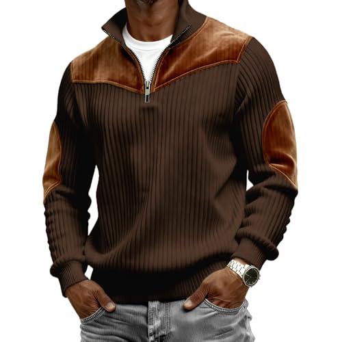 Mens Long Sleeve Casual Loose Sweatshirts Fashion Comfortable Relaxed Fit Pullover Lightweight Quarter Zip Tops Brown